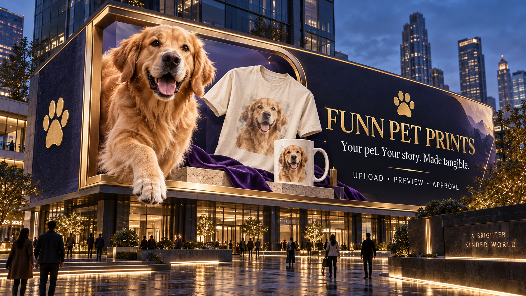 Funn Pet Prints premium 3D city billboard featuring a personalized dog portrait on a T-shirt and mug